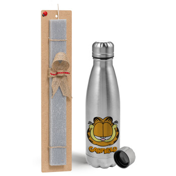 Garfield, Easter Set, metallic Inox water bottle (750ml) & aromatic flat Easter candle (30cm) (GRAY)