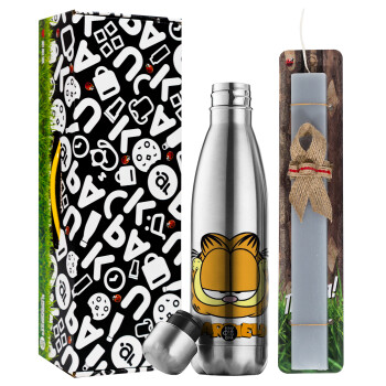 Garfield, Easter Set, metallic stainless thermos flask (500ml) & scented flat Easter candle (30cm) (GRAY)