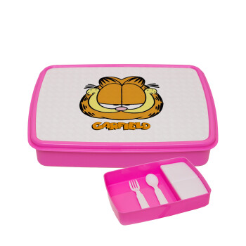 Garfield, ΡΟΖ παιδικό δοχείο φαγητού (lunchbox) πλαστικό με παιδικά μαχαιροπίρουρα & 2 εσωτερικά δοχεία (BPA-FREE) Lunch Βox M23 x Π18 x Υ4cm