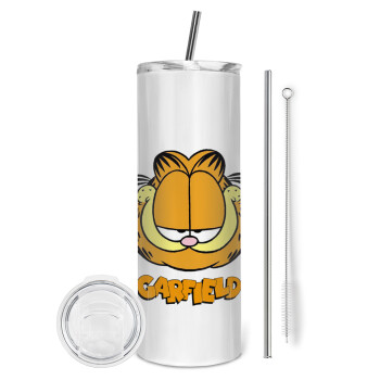 Garfield, Eco friendly ποτήρι θερμό (tumbler) από ανοξείδωτο ατσάλι 600ml, με μεταλλικό καλαμάκι & βούρτσα καθαρισμού