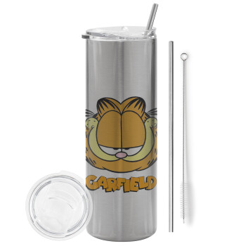 Garfield, Eco friendly ποτήρι θερμό Ασημένιο (tumbler) από ανοξείδωτο ατσάλι 600ml, με μεταλλικό καλαμάκι & βούρτσα καθαρισμού