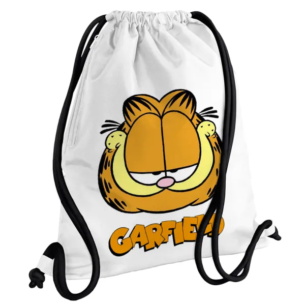 Garfield — Τσάντα πλάτης πουγκί GYMBAG λευκή, με τσέπη (40x48cm) & χονδρά κορδόνια