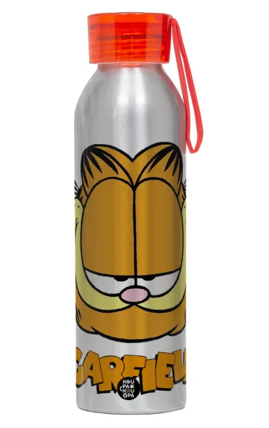 Garfield — Αλουμινένιο Αθλητικό Μπουκάλι 650ml – Ασημί με Κόκκινο Καπάκι και Λουράκι Σιλικόνης
