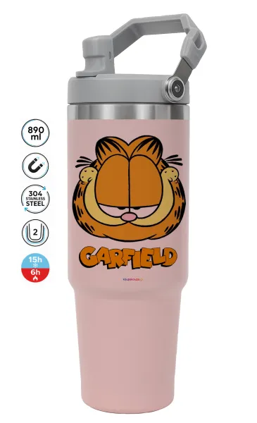 Garfield — ΡΟΖ Travel Tumbler Θερμός με χερούλι και καλαμάκι 890ml