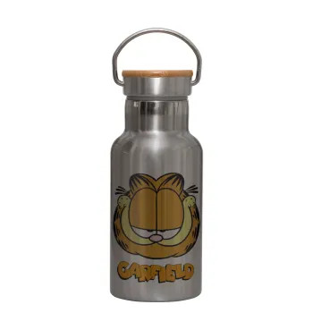 Garfield, Stainless steel metallic thermos flask, silver with a bamboo lid, double-walled, 350ml.