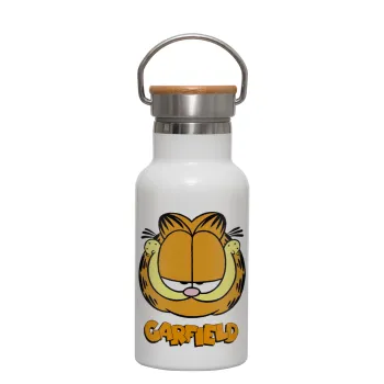 Garfield, Metallic thermos (Stainless steel) White with wooden lid (bamboo), double-walled, 350ml