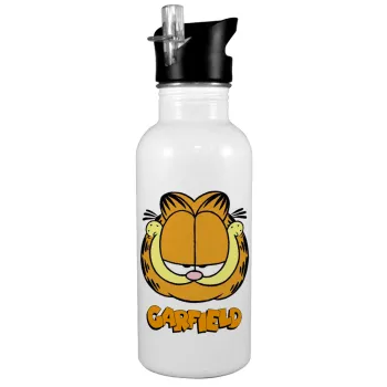 Garfield, White water bottle with straw, stainless steel 600ml