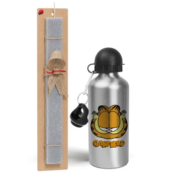 Garfield, Easter Set, metallic silver aluminum water bottle (500ml) & aromatic flat Easter candle (30cm) (GRAY)