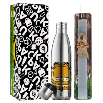 Garfield, Easter Set, metallic stainless thermos flask (500ml) & scented flat Easter candle (30cm) (GRAY)