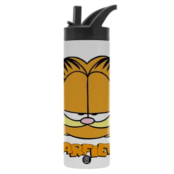 Garfield, Metallic thermos bottle with straw & handle, stainless steel (Stainless steel 304), double-walled, 600ml.