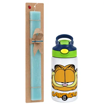 Garfield, Easter Set, Children's thermal stainless steel bottle with safety straw, green/blue (350ml) & aromatic flat Easter candle (30cm) (TURQUOISE)