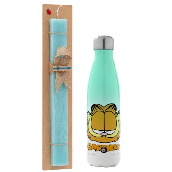 Garfield, Easter Set, Metallic green/white thermos (Stainless steel), double-walled, 500ml & scented flat Easter candle (30cm) (TURQUOISE)