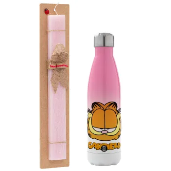 Garfield, Easter Set, Metallic pink/white (Stainless steel) thermos, double-walled, 500ml & aromatic flat Easter candle (30cm) (PINK)