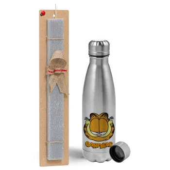 Garfield, Easter Set, metallic Inox water bottle (750ml) & aromatic flat Easter candle (30cm) (GRAY)
