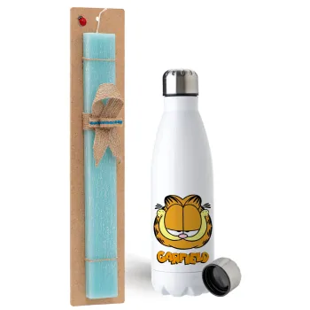Garfield, Easter Set, metallic stainless steel water bottle (750ml) & aromatic flat Easter candle (30cm) (TURQUOISE)