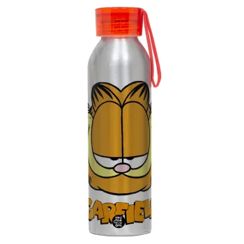 Garfield, Αλουμινένιο Αθλητικό Μπουκάλι 650ml – Ασημί με Κόκκινο Καπάκι και Λουράκι Σιλικόνης