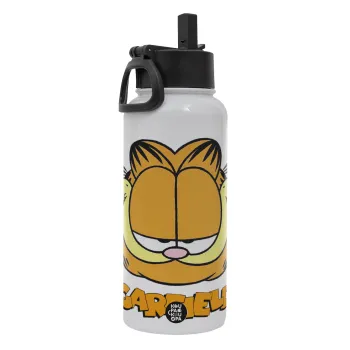Garfield, Metal mug thermo White with Straw and Spout Lid (Stainless steel), double wall, 950ml
