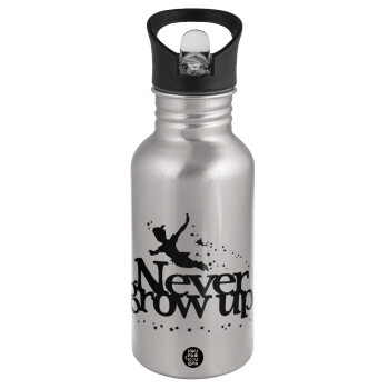 Peter pan, Never Grow UP, Water bottle Silver with straw, stainless steel 500ml