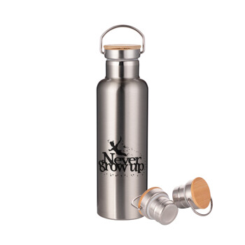 Peter pan, Never Grow UP, Stainless steel Silver with wooden lid (bamboo), double wall, 750ml