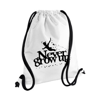 Peter pan, Never Grow UP, Τσάντα πλάτης πουγκί GYMBAG λευκή, με τσέπη (40x48cm) & χονδρά κορδόνια
