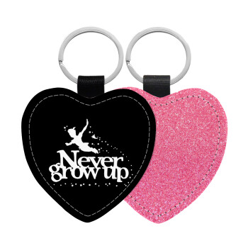 Peter pan, Never Grow UP, Μπρελόκ PU δερμάτινο glitter καρδιά ΡΟΖ