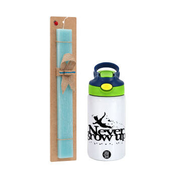 Peter pan, Never Grow UP, Easter Set, Children's thermal stainless steel bottle with safety straw, green/blue (350ml) & aromatic flat Easter candle (30cm) (TURQUOISE)