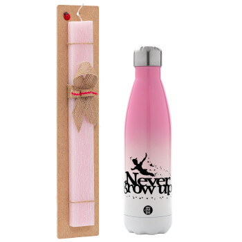 Peter pan, Never Grow UP, Easter Set, Metallic pink/white (Stainless steel) thermos, double-walled, 500ml & aromatic flat Easter candle (30cm) (PINK)