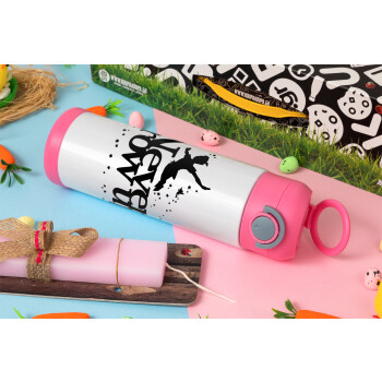 Peter pan, Never Grow UP, Πασχαλινή Λαμπάδα με Παιδικό παγούρι θερμό, ανοξείδωτο, με καλαμάκι ασφαλείας, ΡΟΖ (500ml)