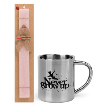 Peter pan, Never Grow UP, Easter Set, metallic thermal cup (300ml) & aromatic flat Easter candle (30cm) (PINK)