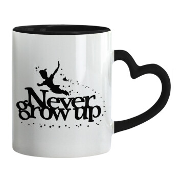 Peter pan, Never Grow UP, Mug heart black handle, ceramic, 330ml