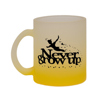 Peter pan, Never Grow UP, Κούπα γυάλινη δίχρωμη με βάση το κίτρινο ματ, 330ml
