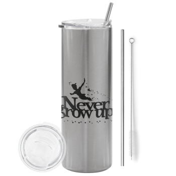 Peter pan, Never Grow UP, Eco friendly stainless steel Silver tumbler 600ml, with metal straw & cleaning brush