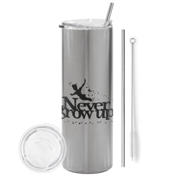 Peter pan, Never Grow UP, Tumbler stainless steel Silver 600ml, with metal straw & cleaning brush
