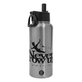 Peter pan, Never Grow UP, Μεταλλικό παγούρι θερμός Silver με καλαμάκι και χερούλι (Stainless steel), διπλού τοιχώματος, 950ml