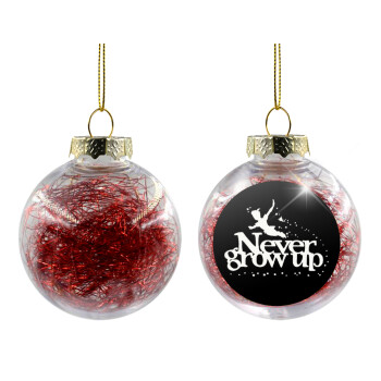 Peter pan, Never Grow UP, Χριστουγεννιάτικη μπάλα δένδρου διάφανη με κόκκινο γέμισμα 8cm