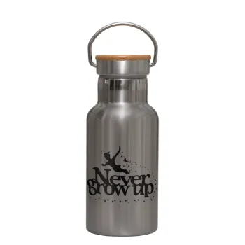 Peter pan, Never Grow UP, Stainless steel metallic thermos flask, silver with a bamboo lid, double-walled, 350ml.
