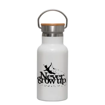 Peter pan, Never Grow UP, Metallic thermos (Stainless steel) White with wooden lid (bamboo), double-walled, 350ml
