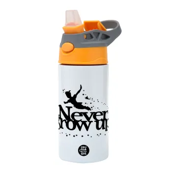 Peter pan, Never Grow UP, Παιδικό παγούρι θερμό, ανοξείδωτο, με καλαμάκι ασφαλείας, Πορτοκαλί/Γκρι (360ml) BPA-FREE