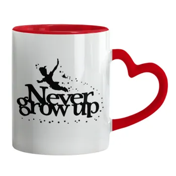 Peter pan, Never Grow UP, Κούπα καρδιά χερούλι κόκκινη, κεραμική, 330ml