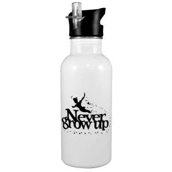 Peter pan, Never Grow UP, White water bottle with straw, stainless steel 600ml