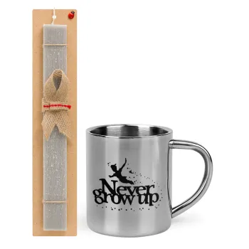 Peter pan, Never Grow UP, Easter Set, metallic thermal cup (300ml) & Easter aromatic flat candle (30cm) (GRAY)