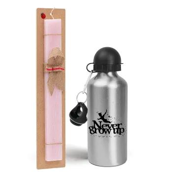Peter pan, Never Grow UP, Easter Set, metallic Silver aluminum water bottle (500ml) & scented flat Easter candle (30cm) (PINK)