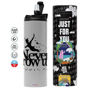 Peter pan, Never Grow UP, Tumbler ποτήρι θερμό ΓΚΡΙ από ανοξείδωτο ατσάλι 600ml