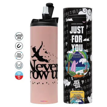 Peter pan, Never Grow UP, Tumbler ποτήρι θερμό ΡΟΖ από ανοξείδωτο ατσάλι 600ml