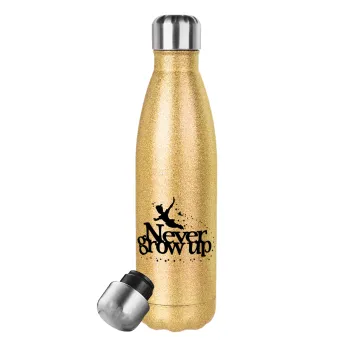 Peter pan, Never Grow UP, Glitter gold stainless steel thermos bottle, double-walled, 500ml