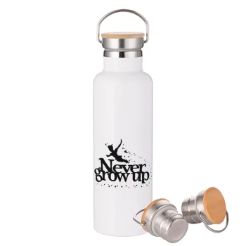 Peter pan, Never Grow UP, Stainless steel White with wooden lid (bamboo), double wall, 750ml