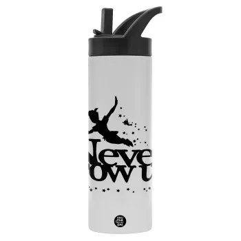 Peter pan, Never Grow UP, Metallic thermos bottle with straw & handle, stainless steel (Stainless steel 304), double-walled, 600ml.