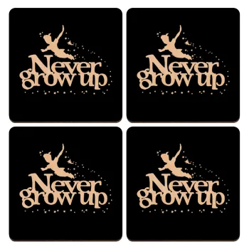 Peter pan, Never Grow UP, ΣΕΤ x4 Σουβέρ ξύλινα τετράγωνα plywood (9cm)