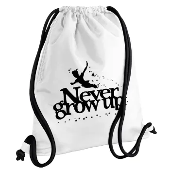 Peter pan, Never Grow UP, Backpack pouch GYMBAG white, with pocket (40x48cm) & thick cords
