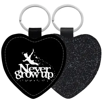 Peter pan, Never Grow UP, Μπρελόκ PU δερμάτινο glitter καρδιά ΜΑΥΡΟ